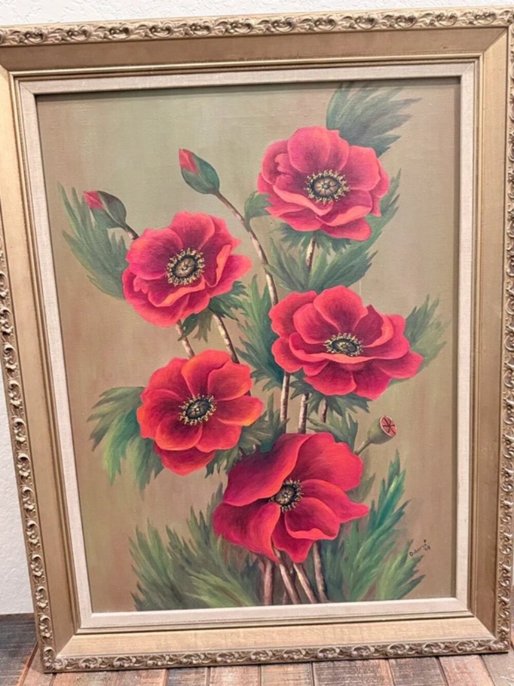 Vintage Oil Painting, Poppy Daisy Framed